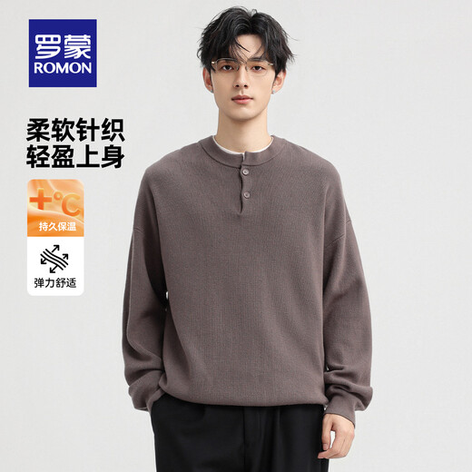 ROMON Men's Henry Collar Sweater 2025 Autumn and Winter New Classic Business Casual Solid Color Comfortable and Versatile Sweater for Men Dark Brown M Recommended 100-120Jin Jin equals 0.5 kg