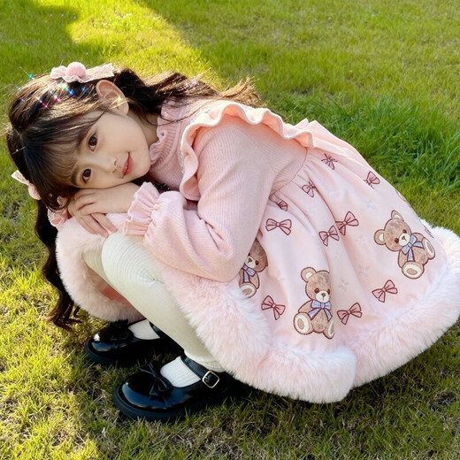 Kafanli (KafanIi) girls 2025 autumn and winter new velvet cute dress baby Lolita sweet fluffy birthday princess dress A05 pink bear velvet thickened sweet and cute 110