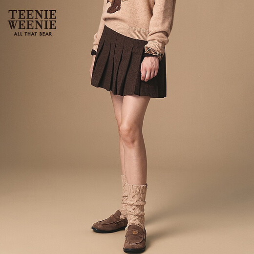 Teenie Weenie Bear Women's Skirt 2025 Autumn New Temperament College Style Simple Embroidered Pleated Skirt Brown Pre-sale M