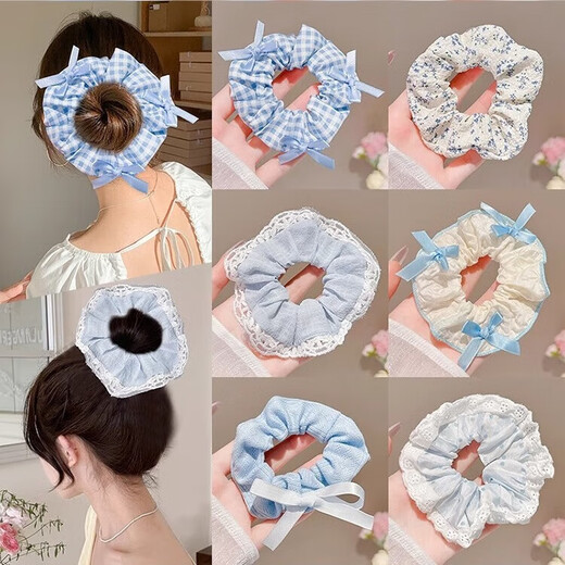 Sweet bow floral large intestine hair tie for women with lace versatile ponytail hair style girl headband hair rope hair accessories 1# sea salt blue hair tie six-piece set