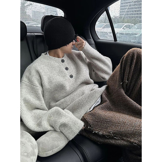 POUM men's joint Henry collar sweater men's American lazy style retro high-end loose woolen sweater jacket men JCF-909 gray XL