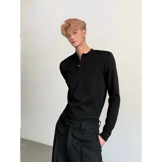 Xinghelai White Henley Collar Right Shoulder Heavy Long Sleeve T-Shirt Men's Handsome Bottoming Shirt Yuppi American Style White L 110-130Jin Jin is equal to 0.5 kg