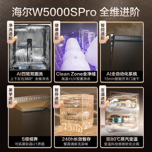 Haier four-wheel drive double-sided washing W5000SPro embedded household fully automatic dishwasher 18 sets + 3 large-capacity six-star disinfection smart switch door W5000Plus upgraded model one-button single disinfection EYSZW18586GHU1 Piano Black