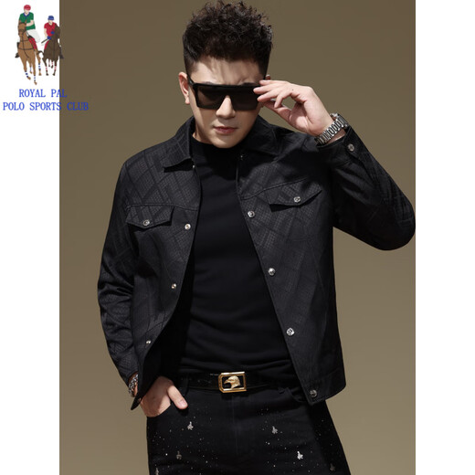 ROYAL PALM POLO SPORTS CLUB European fashion brand plaid jacquard work jacket men's spring and autumn new casual top lapel jacket men's black 4XL recommended weight 165-180Jin Jin equals 0.5 kg