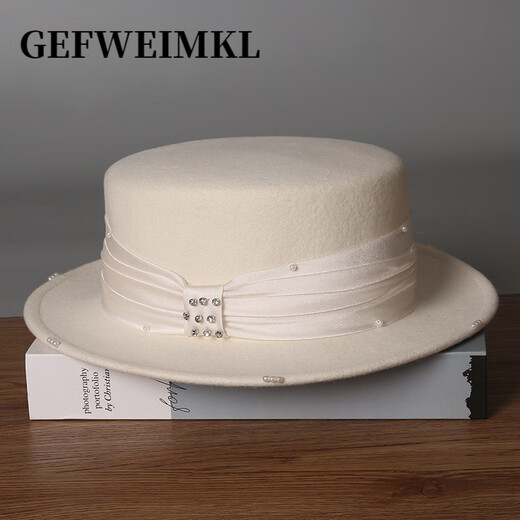 GEFWEIMKL French Pearl Bow Flat Top Women's Hat Autumn and Winter New Merino Wool Felt Hat Hepburn Style Hat Women Light Gray One Size (56-58cm)