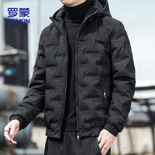 ROMON down jacket men's winter outdoor warm hooded versatile casual high-end jacket top men's 886 black XL