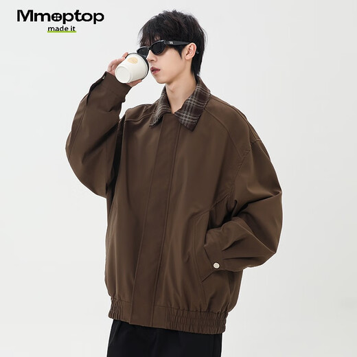 MMOPTOP American fake two-piece plaid spliced lapel jacket autumn and winter men's windproof jacket MJK22 coffee L