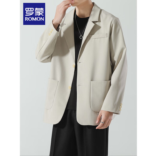 ROMON casual suit jacket men's spring and autumn loose and versatile DK uniform men's high-end handsome light mature style suit black L recommended weight\KG57-66
