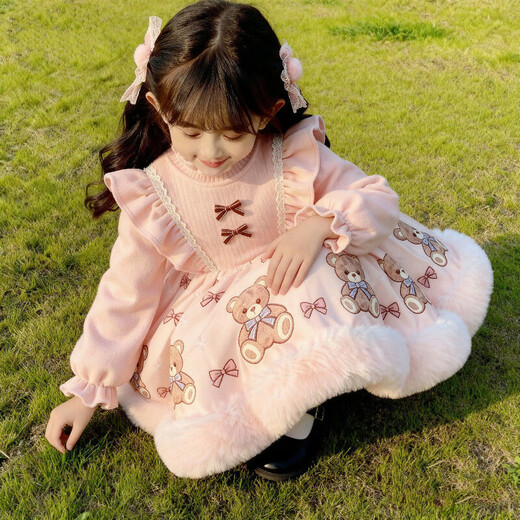 Kafanli (KafanIi) girls 2025 autumn and winter new velvet cute dress baby Lolita sweet fluffy birthday princess dress A05 pink bear velvet thickened sweet and cute 110