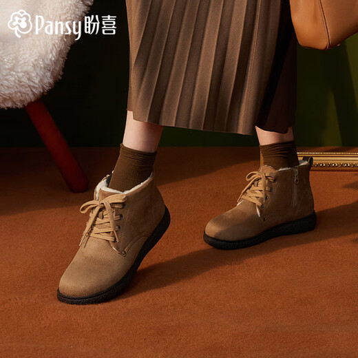 Pansy snow boots women's loose short boots wool plus velvet cotton shoes warm and comfortable non-slip shoes 4195 khaki 37