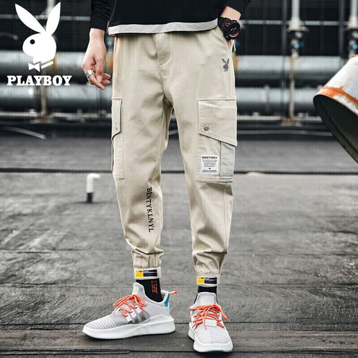 Playboy (PLAYBOY) overalls men's autumn and winter pants men's loose casual pants men's trendy leggings men's pants light khaki XL