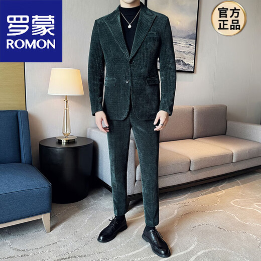 ROMON high-end corduroy suit men's Korean version slim casual 2025 autumn and winter thickened handsome suit jacket trendy dark green suit + pants M
