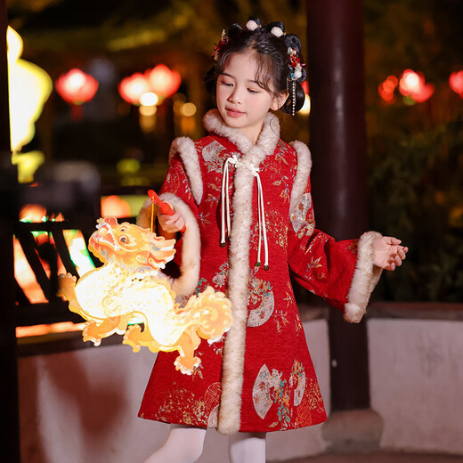 Anneyol Girls' Cheongsam New Year's Eve Costume Winter Chinese Style Children's New Year Hanfu Skirt Thickened Winter Style Red 130