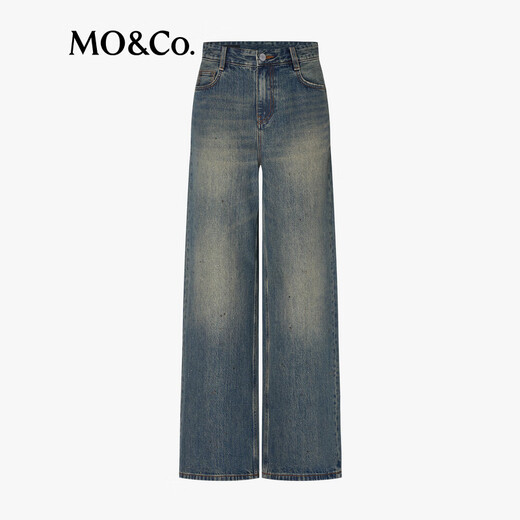 MO&Co. Divine Pants Jeans 2025 Winter New Arrival Cotton Nostalgia Washed and Hot Diamond Wide Leg Pants Mid-Waist MBE4JENT08 Denim Blue L 28