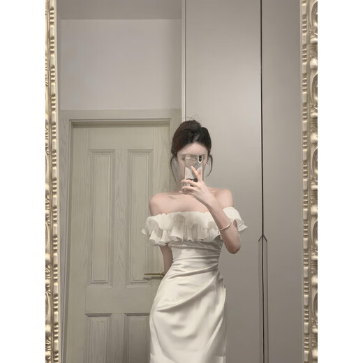Vnxifm French one-shoulder dress, women's sexy engagement dress, certificate wear, ruffled satin hip-hugging long skirt, off-white L