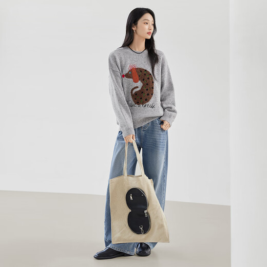 Dialogue (DUIBAI) Art Painting Co-branded Design Sense Niche Jacquard Round Neck Sweater Women's 2025 Winter New Pullover Sweater Korean Gray S