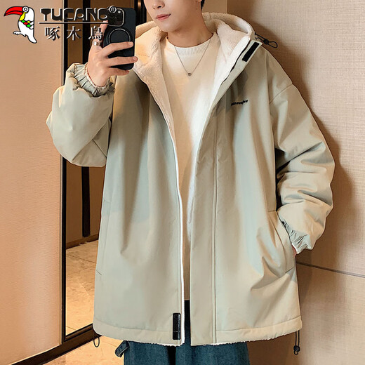 Woodpecker (TUCANO) jacket men's autumn and winter reversible jacket sherpa thickened warm hooded cotton clothes men's gray green 2XL