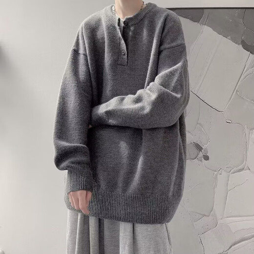 Autumn and winter American Henry collar sweater men's sweater American retro casual lazy style sweater men's solid color sweater dark gray 3XL