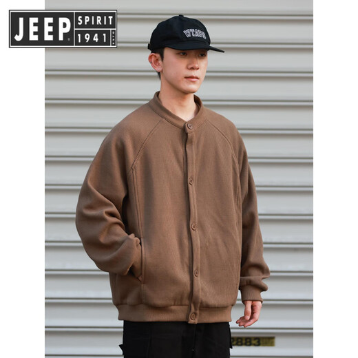 JEEP SPIRIT Japanese retro waffle cardigan sweatshirt jacket for men and women in spring and autumn loose casual sports Henry collar clip gray M