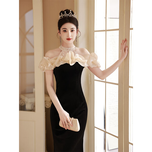 ROMON evening dress for women 2026 new banquet style celebrity French high-end light luxury one-shoulder host fishtail skirt black velvet style S
