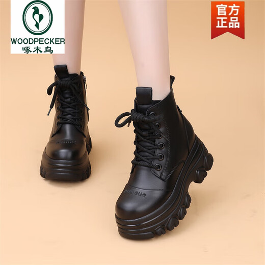 Woodpecker genuine leather wool one-piece Martin boots for women winter small people spring and autumn short boots inner heightening women's shoes 8cm thick-soled wedge shoes black single lining 6857 35
