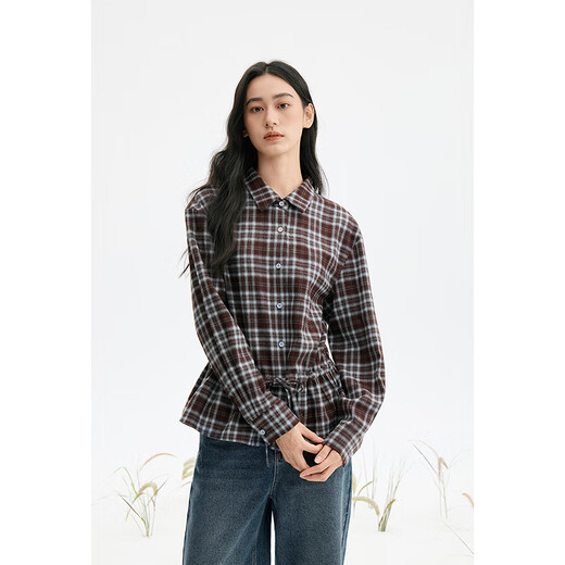 Birds and New Wine Design Drawstring Plaid Long Sleeve Shirt Women's 2025 Winter New Lapel Loose Top Plaid Tan HMJ04 L