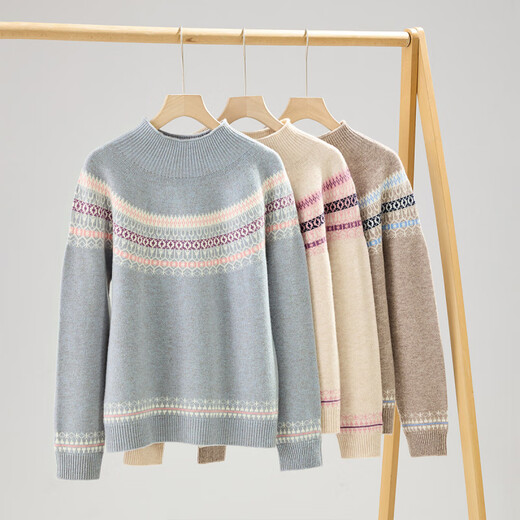 Chunzhu Fair Isle Cardigan 25 Autumn and Winter New Half Turtle Collar Jacquard Warm and Fashionable Age-Reducing Sweater Women's Sweater Mihua Apricot M (90-110Jin Jin equals 0.5kg)