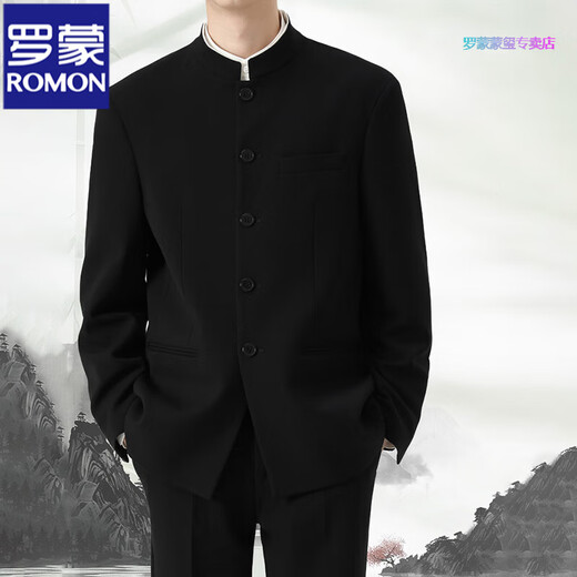 ROMON suit new Chinese style groom wedding engagement black high-end stand-up collar tunic suit suit jacket for men black jacket + pants + black stand-up collar shirt 5XL default size 1