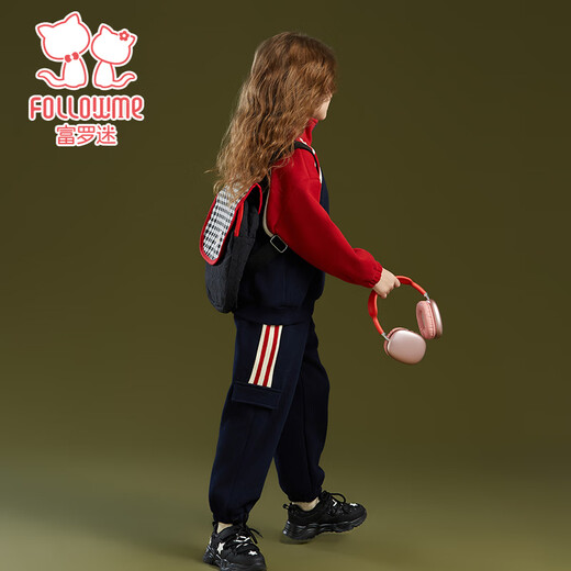 Fuluo Mi Girls' Winter Thickened Warm Sports Sweatshirt and Pants Two-piece Set Children's Winter Clothes Red/Navy Blue 140