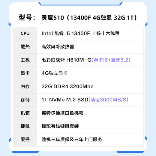 Intel Lingxi 510 desktop computer (i5 13400F 4G independent graphics 32G 1T SSD keyboard and mouse) WIFi6 commercial office machine mini single host