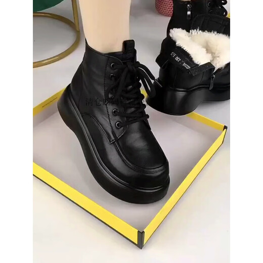 Off-code genuine leather snow boots for women 2025 thick velvet cotton shoes fashionable wedge heel thick-soled short boots black (white wool thick cotton) 38