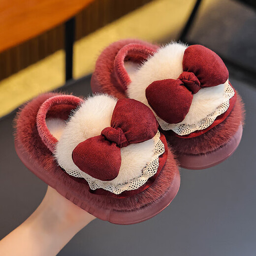 Winter children's cotton slippers for girls and princesses, non-slip EVA warm plus fluffy bow, small and medium-sized children's cotton slippers, upgraded version of environmentally friendly material pink (heel included) 12 28/29 size (inner length 17CM, no rear elastic band