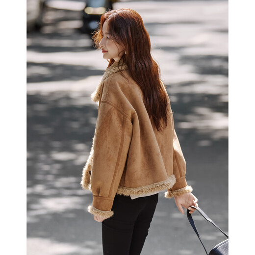 Shangjing Fashion Retro Contrast Color Lapel Short Jacket Women's 2025 Winter New Big Fur Collar Casual Thickened Warm Short Jacket Khaki L