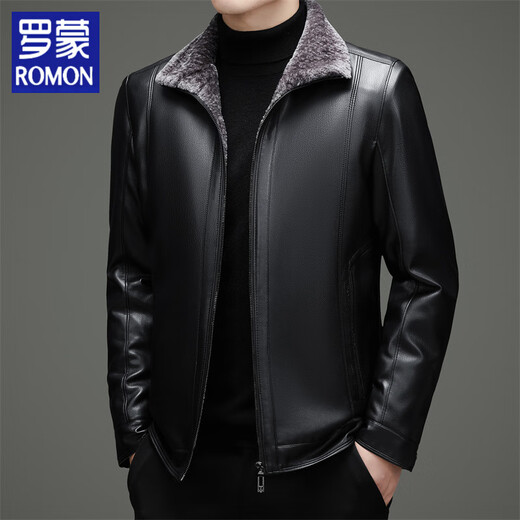 Luo Meng Haining imitation leather leather jacket men's fur one-piece plus velvet thickened dad's clothing middle-aged and elderly leather jacket men's leather jacket black M