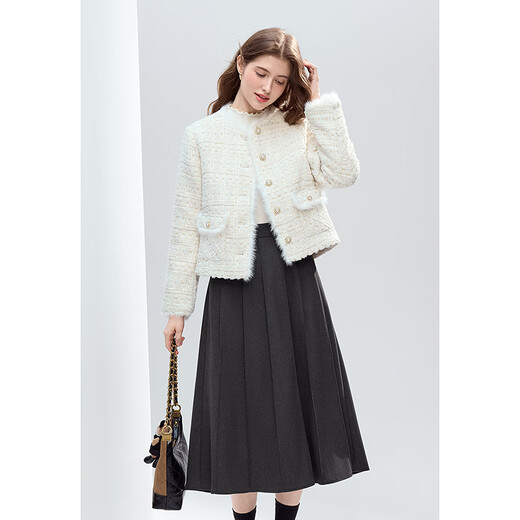 Betu Women's 2025 Winter New Style Mid-High Waist Striped Design Retro Umbrella Skirt Skirt Women 2510T73 Dark Gray L