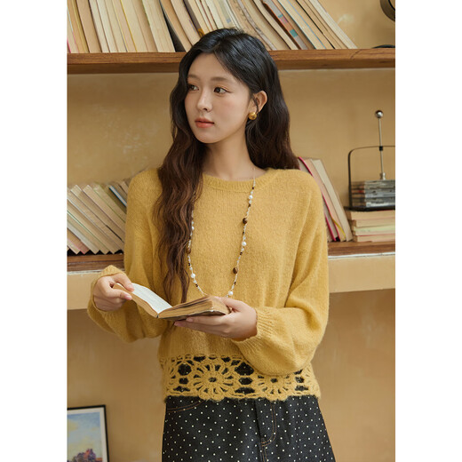 Mystery Show Thin Crocheted Sweater Women's 2025 Autumn New Loose Hollow Lazy Wool Top Lemon Yellow M
