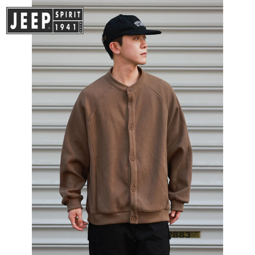 JEEP SPIRIT Japanese retro waffle cardigan sweatshirt jacket for men and women in spring and autumn loose casual sports Henry collar clip gray M
