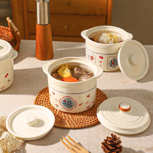 Sheli Chinese double-lid stew pot, double-ear ceramic water-proof stew steamed egg bowl, stew pot, household dessert bird's nest special soup cup, two packs, Fu style + Ping An style/small spoon, 550ml, can be steamed and baked | double cover to lock in freshness