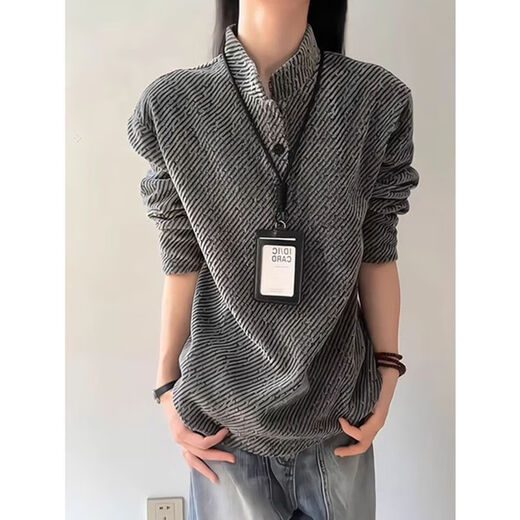 Gray Diagonal Striped Henley Collar Sweatshirt Men's Autumn Heavyweight Small Fragrance Style Polo Shirt T-shirt American Style Bottoming Shirt Gray L 100-120Jin Jin is equal to 0.5 kg