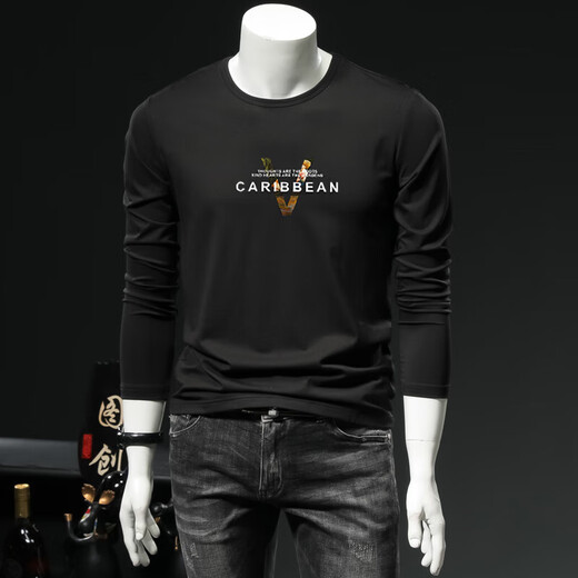 Romon High-End European Station Modal Langarmed T-Shirt Herrenbrief Druck atmungsaktiv plus samt warmes Herren-Basis-Hemd Herbst Kleidung schwarz 15123 m