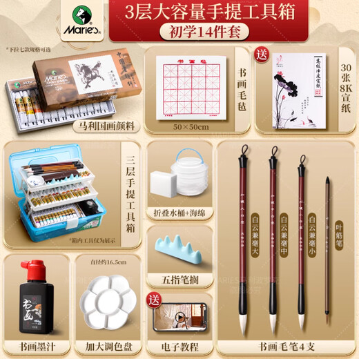 Marley Chinese Painting Pigments Beginner's Set Tools Full Set of Ink Painting Materials for Primary School Students Meticulously Painted Chinese Painting Beginner's Brush 14 Pieces Blue Box 12 Colors 5ml