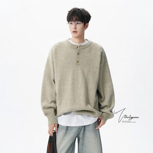 V37 American retro Henry collar sweater for men in autumn trendy brand cleanfit loose casual sweater jacket trendy light gray M