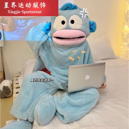 Kaooseen Big Mouth Ugly Fish Coral Velvet One-piece Pajamas for Women Cartoon Thickened Warm Pajamas for Men Large Size Hooded Funny Winter Funny Big Head Fish Pajamas + Shoes M XL Height 168-185C