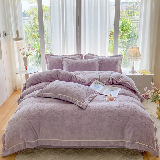 Violet (Violet) new type A carved milk velvet four-piece set high-density short-hair baby velvet coral velvet quilt cover sheet sheet bed sheet style 1.5 four-piece set-quilt cover 200cm*230cm