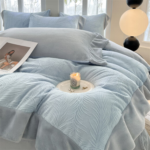 Mercury series home textile high-end carved milk velvet four-piece set 2025 winter new thickened warm coral velvet plus baby blue + star gray bed sheet style 1.8m four-piece set