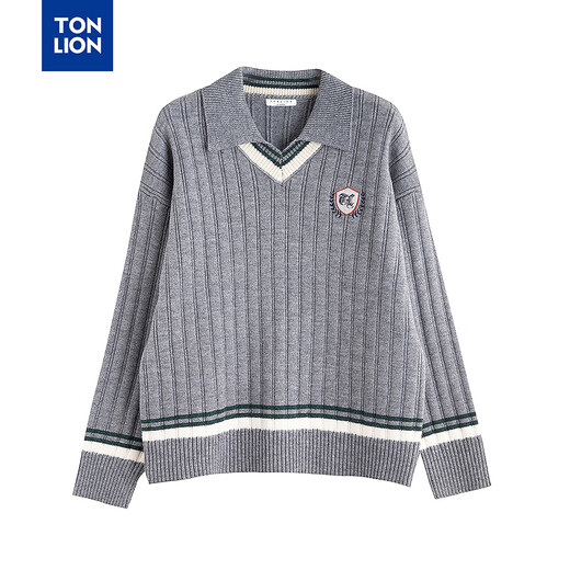 TonLion 2025 Autumn and Winter Retro College Style Lapel Design Pullover Women's Medium Gray S