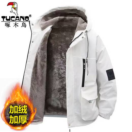 Woodpecker Jacket Men's Plush Thickened Cotton Winter Jacket Men's Hooded Loose Warm Jacket Cold-proof Feather Down Jacket Red XL 120-135Jin Jin equals 0.5 kg