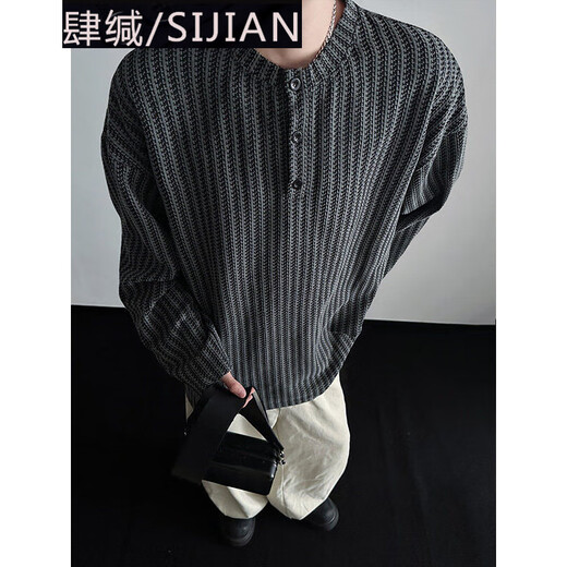 Si Yan black vintage henley collar sweater men's autumn and winter trendy brand lazy style pullover sweater style bottoming shirt black upgraded version M