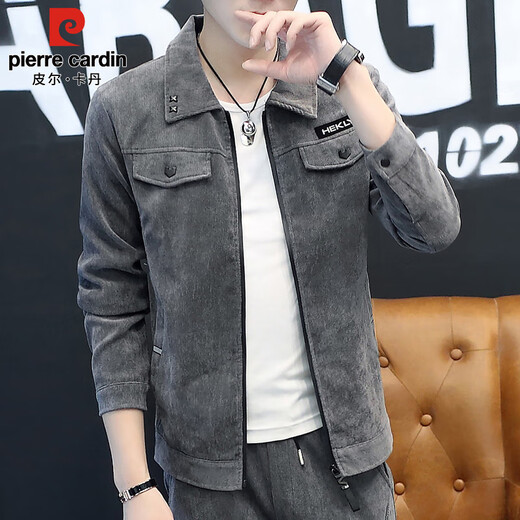 Pierre Cardin Jacket Men's Autumn and Winter Trendy Casual Work Jacket Men's Handsome Lapel Clothes Men's Gray XL