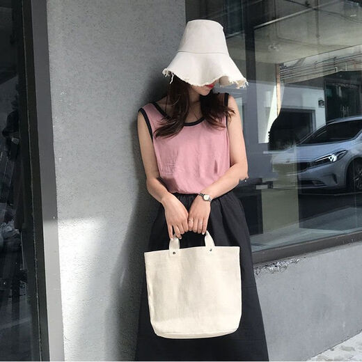 Fantasy commuter lunch box bag for women working bucket bag ins student tutoring portable canvas bag temperament hand-carrying ladies bag square style beige (magnetic buckle at the bag mouth + inner zipper patch pocket)